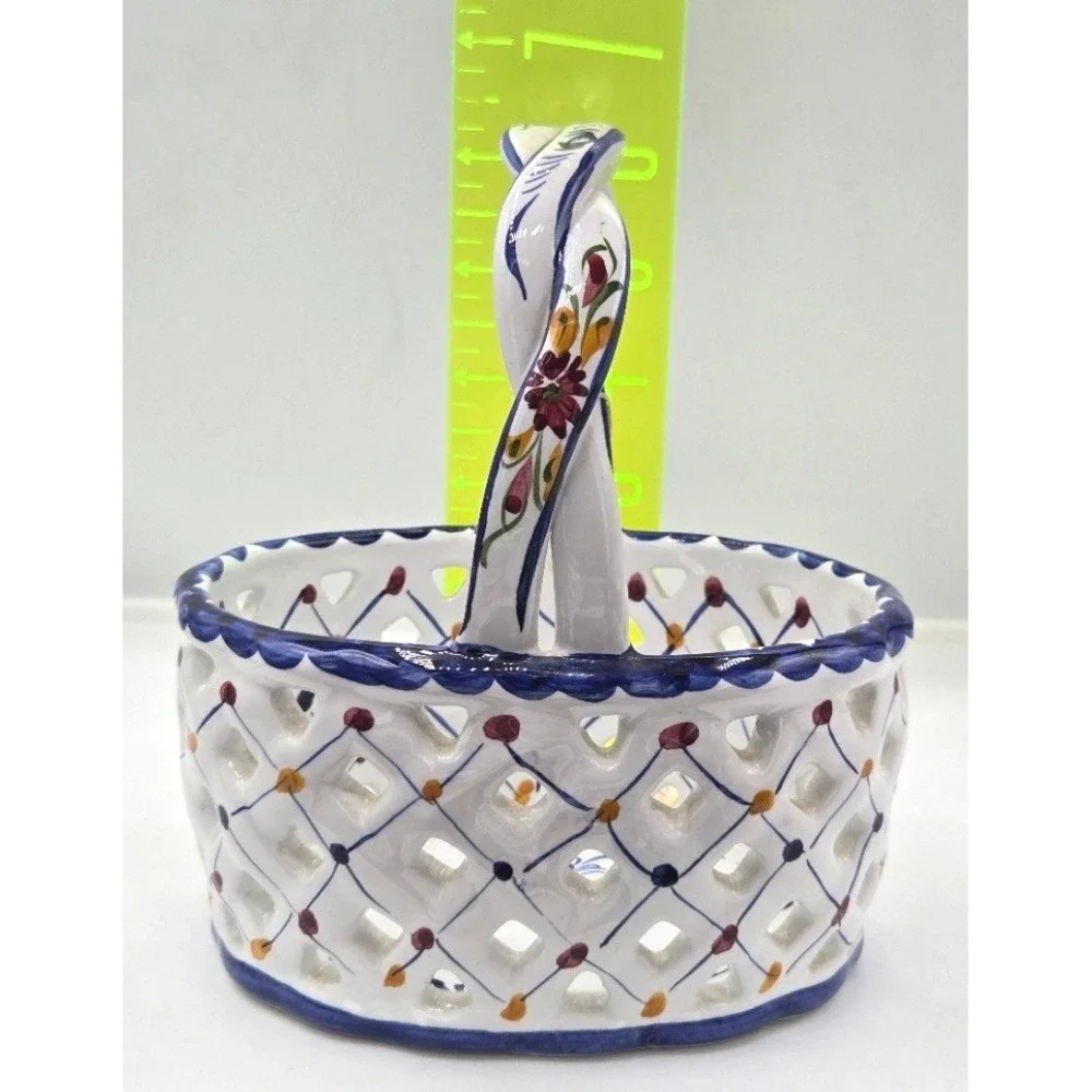Vintage Portugal Hand Painted Reticulated Ceramic Basket Open Weave Figurine